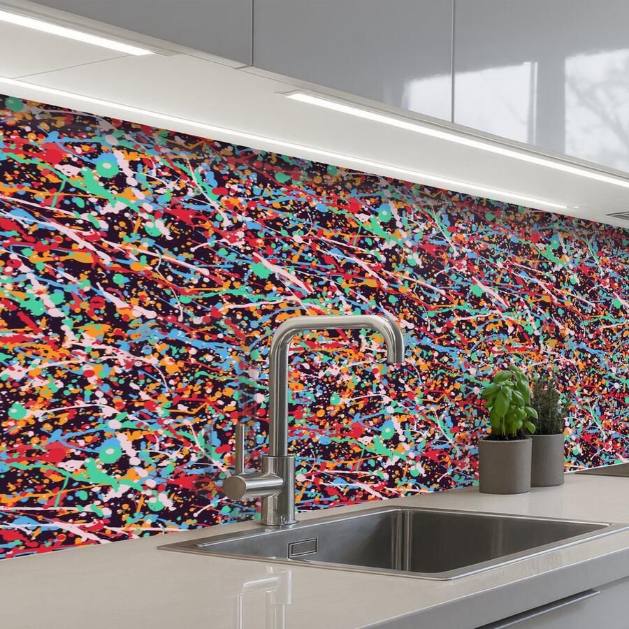 KitchenYeah Keuken achterwand 250x60 cm Spatscherm zelfklevend Spat Abstract Waterverf Multi Muurbeschermer Spatwand fornuis