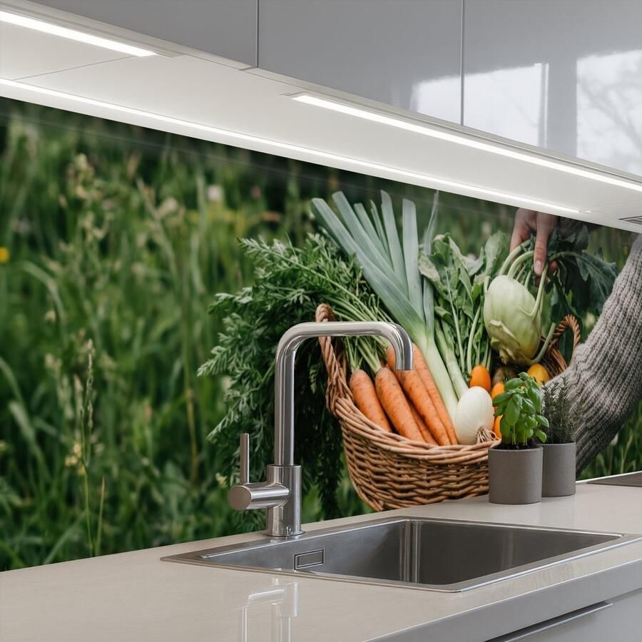 KitchenYeah Keuken achterwand 250x60 cm Spatscherm zelfklevend Veld Groenten Biologisch Oogst Muurbeschermer Spatwand fornuis