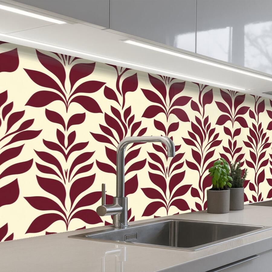 KitchenYeah Keuken achterwand 250x80 cm Spatscherm zelfklevend Abstract Bladeren Burgundy Muurbeschermer Spatwand fornuis