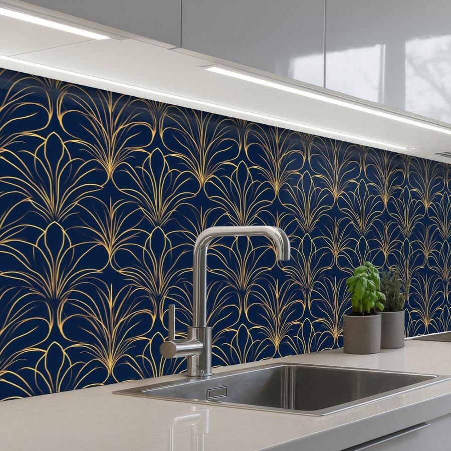 KitchenYeah Keuken achterwand 250x80 cm Spatscherm zelfklevend Deco Waaier Blauw Muurbeschermer Spatwand fornuis
