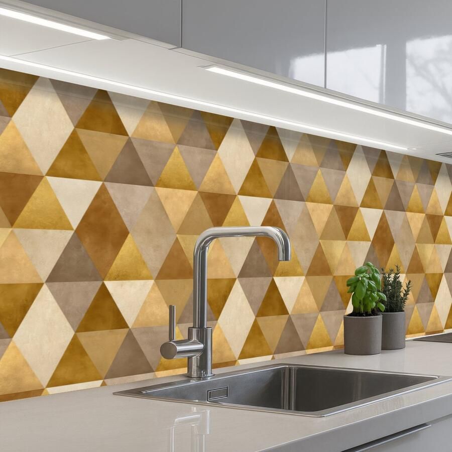 KitchenYeah Keuken achterwand 250x80 cm Spatscherm zelfklevend Geometrisch Driehoek Goud Muurbeschermer Spatwand fornuis