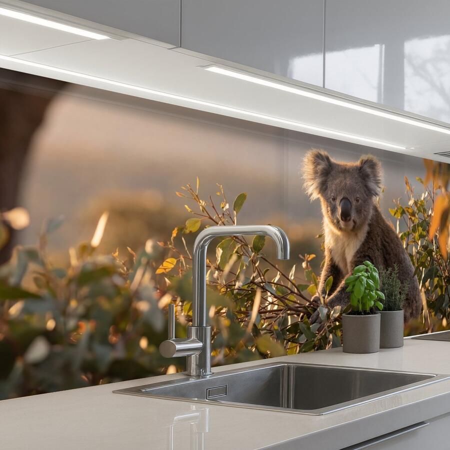 KitchenYeah Keuken achterwand 250x80 cm Spatscherm zelfklevend Koala Bladeren Ochtendlicht Muurbeschermer Spatwand fornuis
