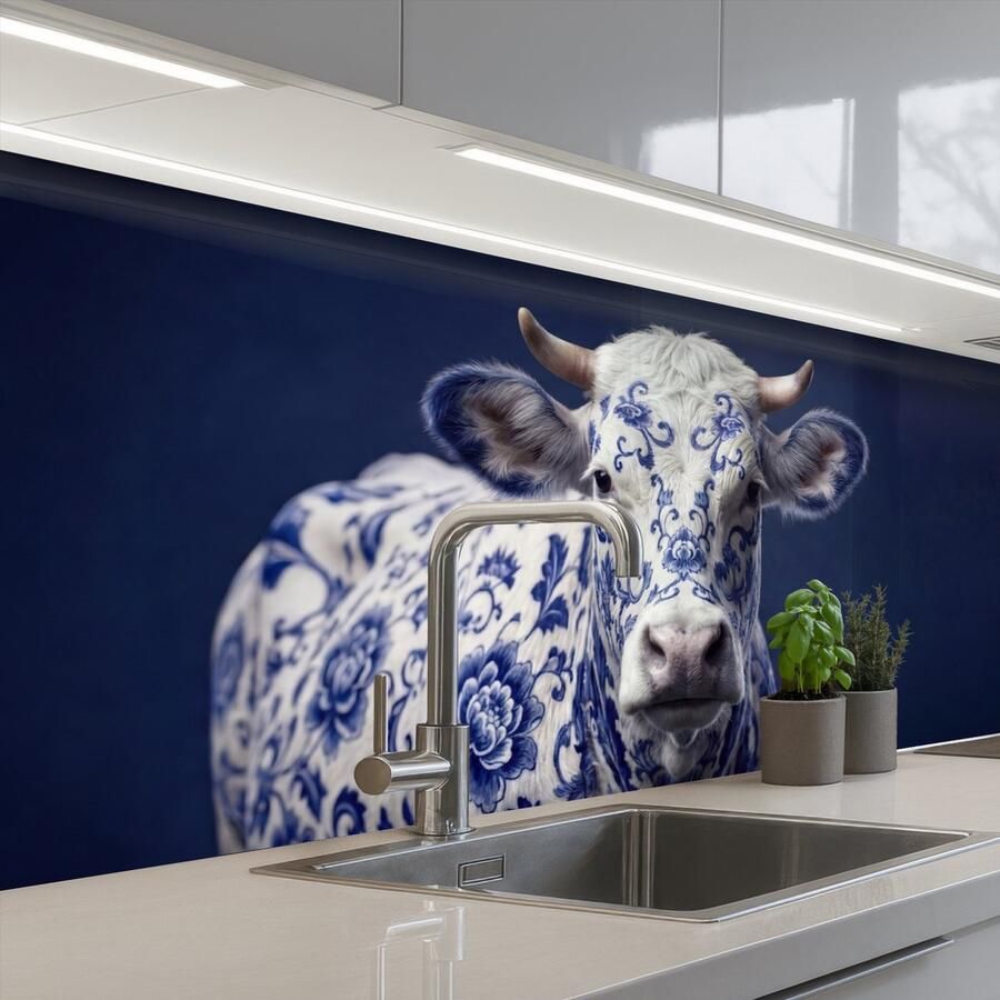 KitchenYeah Keuken achterwand 250x80 cm Spatscherm zelfklevend Koe Delfts Blauw Artistiek Muurbeschermer Spatwand fornuis