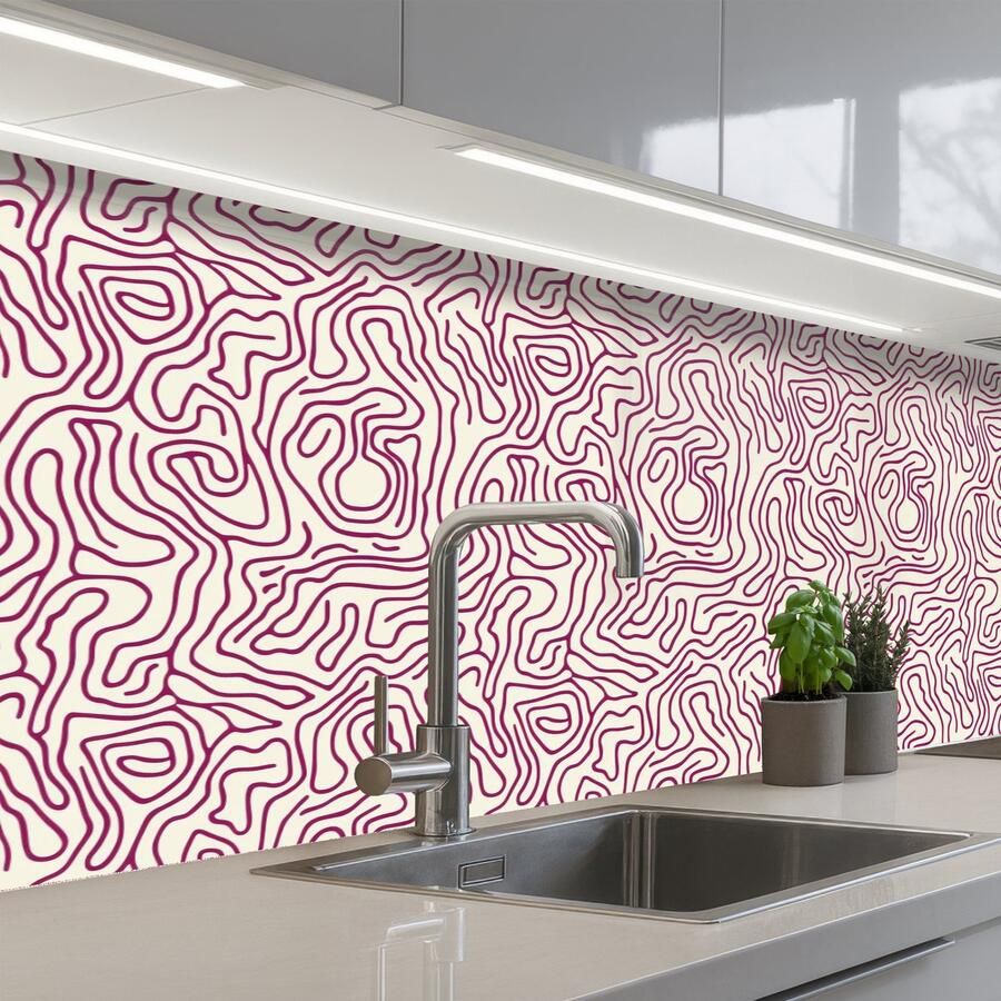 KitchenYeah Keuken achterwand 250x80 cm Spatscherm zelfklevend Kronkelende lijn Magenta Crème Muurbeschermer Spatwand fornuis