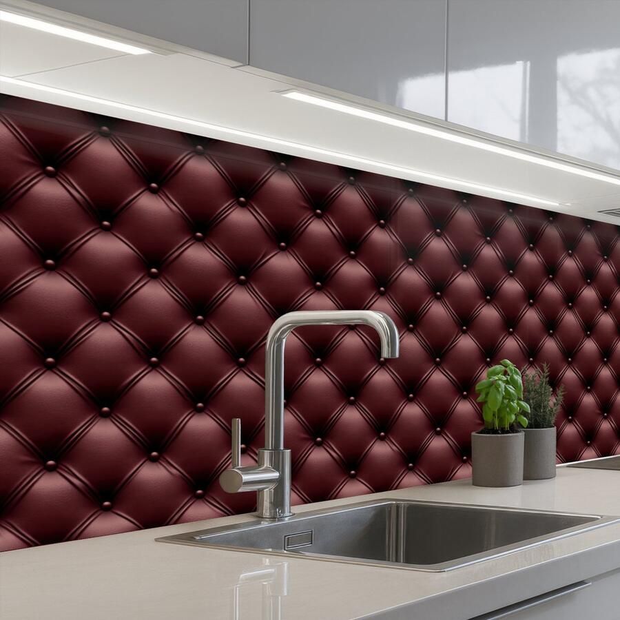 KitchenYeah Keuken achterwand 250x80 cm Spatscherm zelfklevend Leer Patroon Bordeaux Muurbeschermer Spatwand fornuis