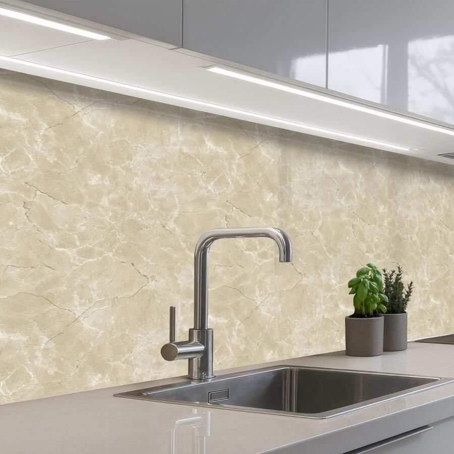 KitchenYeah Keuken achterwand 250x80 cm Spatscherm zelfklevend Lichtbeige Marmer print Diffusie adering Muurbeschermer Spatwand fornuis
