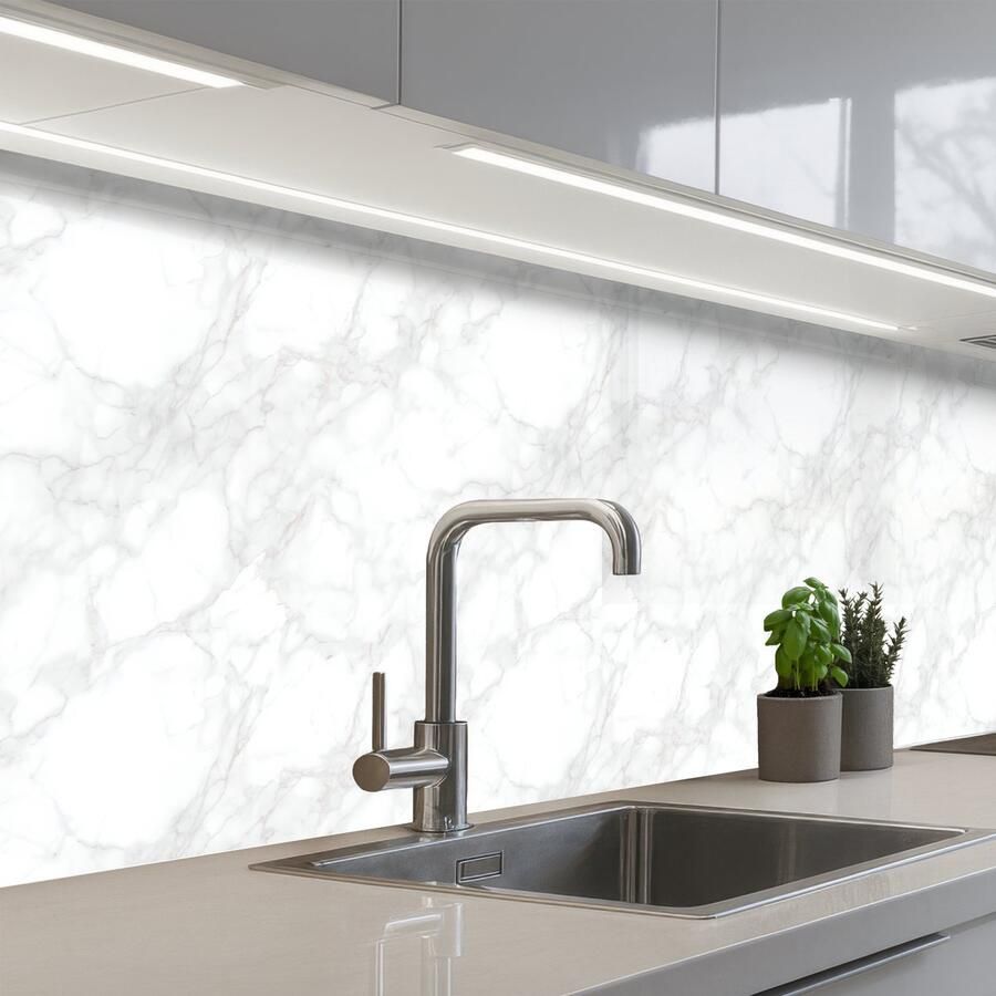 KitchenYeah Keuken achterwand 250x80 cm Spatscherm zelfklevend Minimalistisch Wit Grijze aders Muurbeschermer Spatwand fornuis