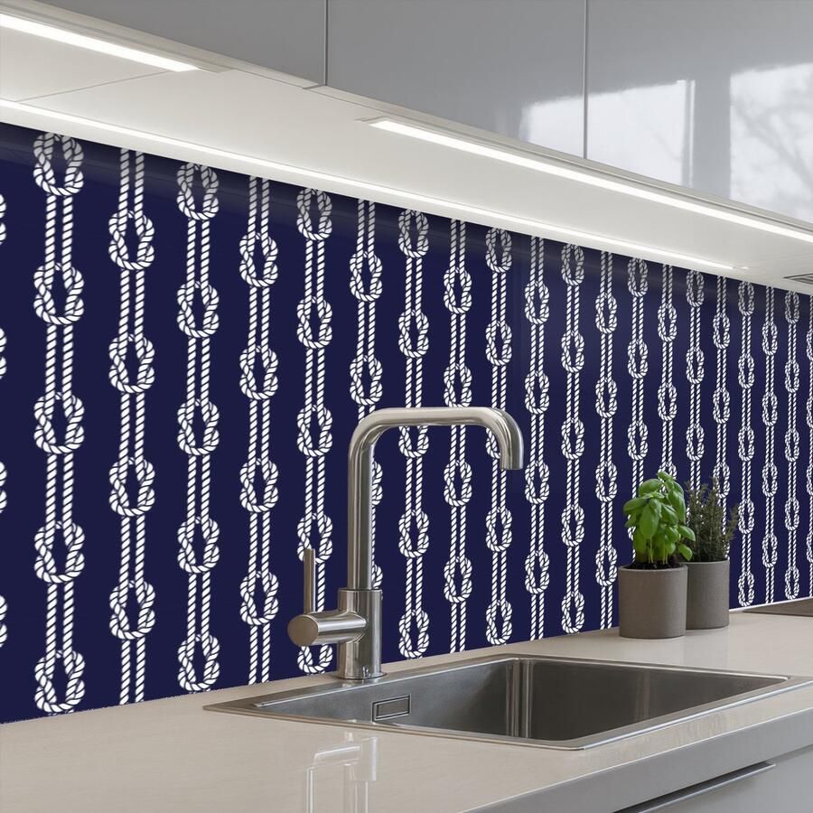 KitchenYeah Keuken achterwand 250x80 cm Spatscherm zelfklevend Oceaan Touw Blauw Wit Muurbeschermer Spatwand fornuis