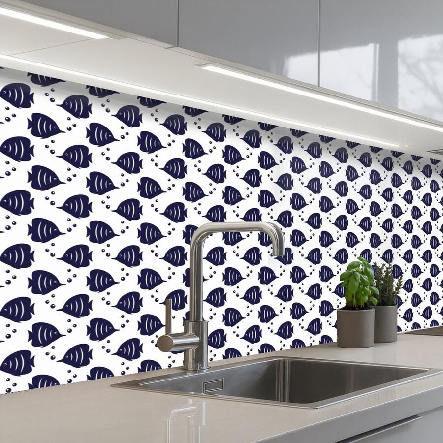 KitchenYeah Keuken achterwand 250x80 cm Spatscherm zelfklevend Oceaan Vis Blauw Wit Muurbeschermer Spatwand fornuis