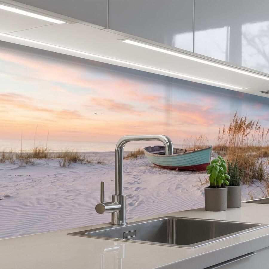 KitchenYeah Keuken achterwand 250x80 cm Spatscherm zelfklevend Rustiek Roeiboot Zandstrand Muurbeschermer Spatwand fornuis