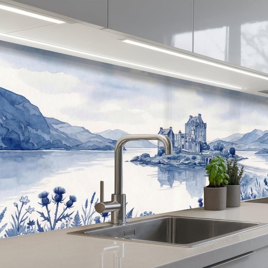 KitchenYeah Keuken achterwand 250x80 cm Spatscherm zelfklevend Schots Kasteel Blauw Aquarel Muurbeschermer Spatwand fornuis