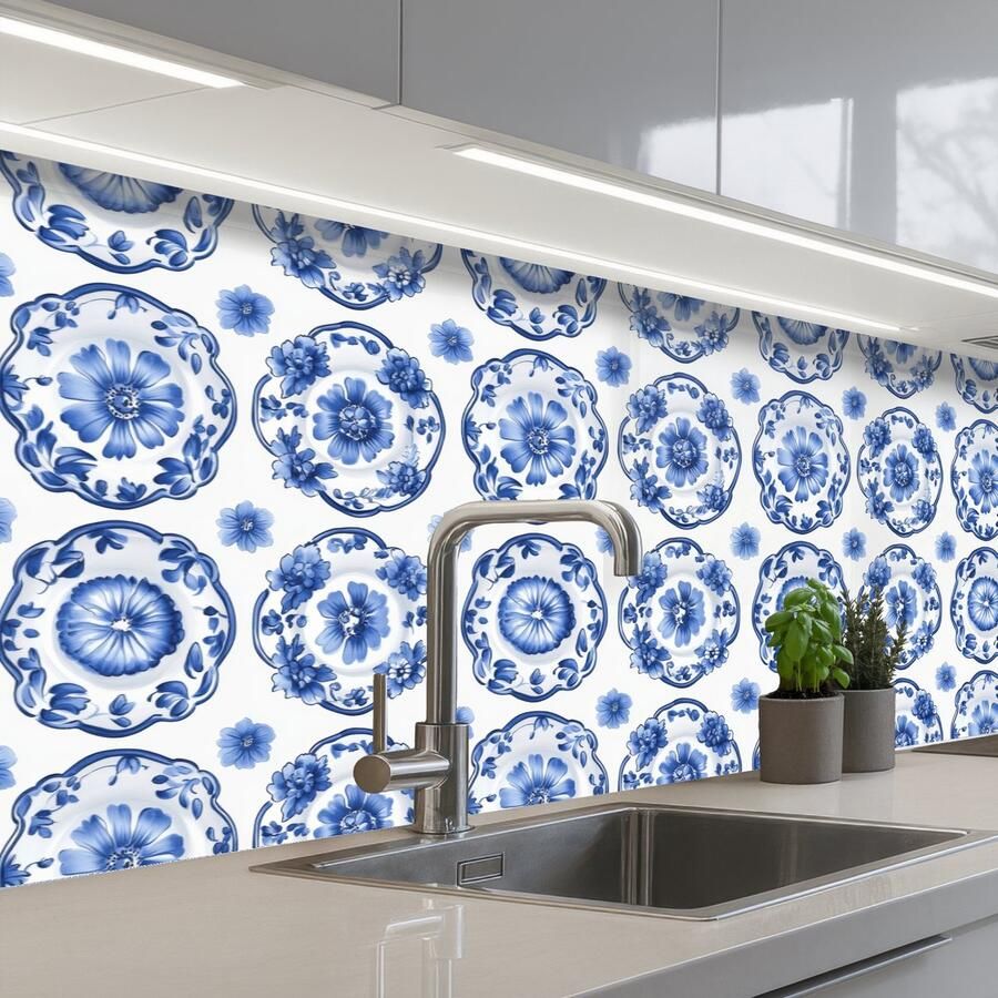 KitchenYeah Keuken achterwand 250x80 cm Spatscherm zelfklevend Sierborden Bloemen Blauw Muurbeschermer Spatwand fornuis