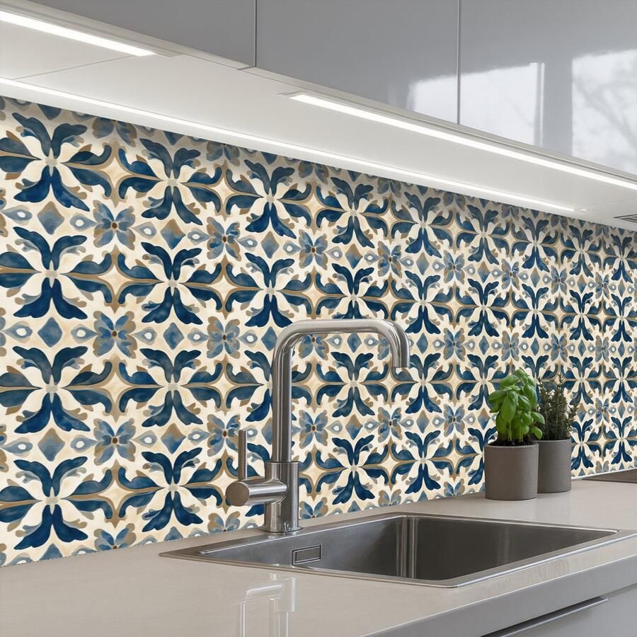 KitchenYeah Keuken achterwand 250x80 cm Spatscherm zelfklevend Tegel Patroon Blauw Beige Muurbeschermer Spatwand fornuis