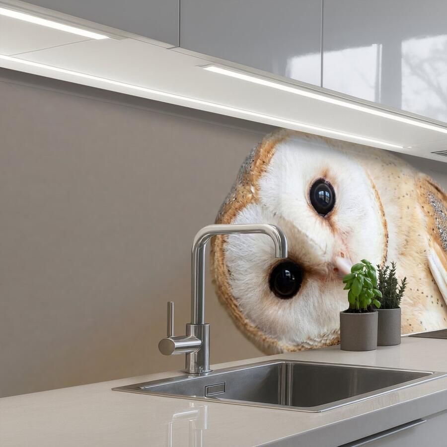 KitchenYeah Keuken achterwand 250x80 cm Spatscherm zelfklevend Uil Bruin Wit Muurbeschermer Spatwand fornuis
