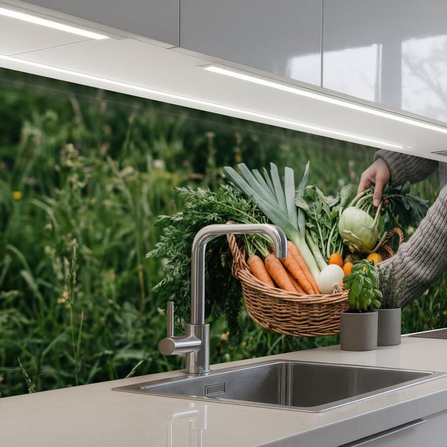 KitchenYeah Keuken achterwand 250x80 cm Spatscherm zelfklevend Veld Groenten Biologisch Oogst Muurbeschermer Spatwand fornuis