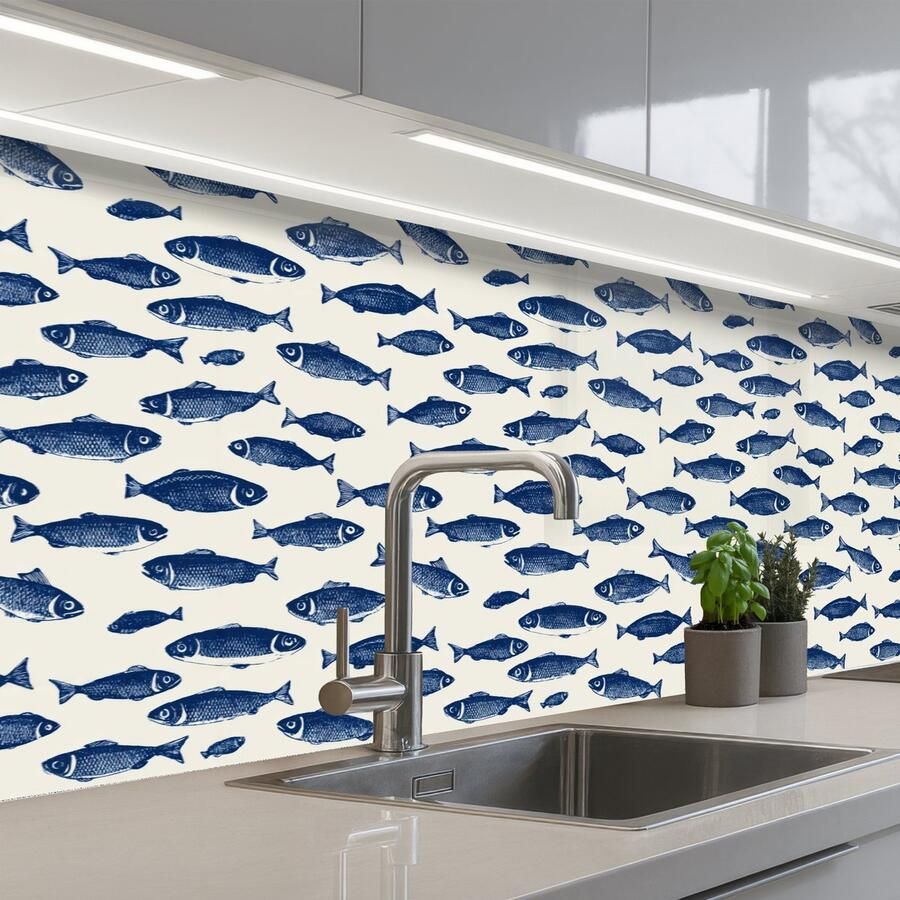 KitchenYeah Keuken achterwand 250x80 cm Spatscherm zelfklevend Vissen Patroon Blauw Wit Muurbeschermer Spatwand fornuis