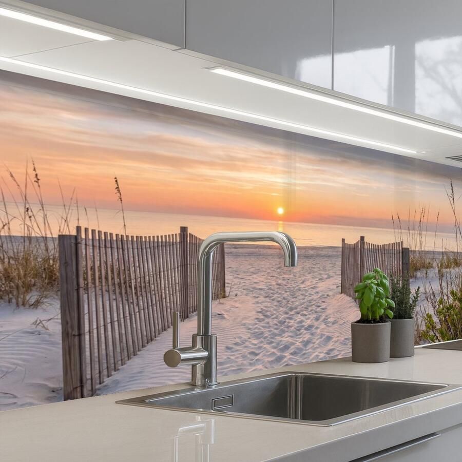 KitchenYeah Keuken achterwand 250x80 cm Spatscherm zelfklevend Zonsondergang Strand Zand Muurbeschermer Spatwand fornuis
