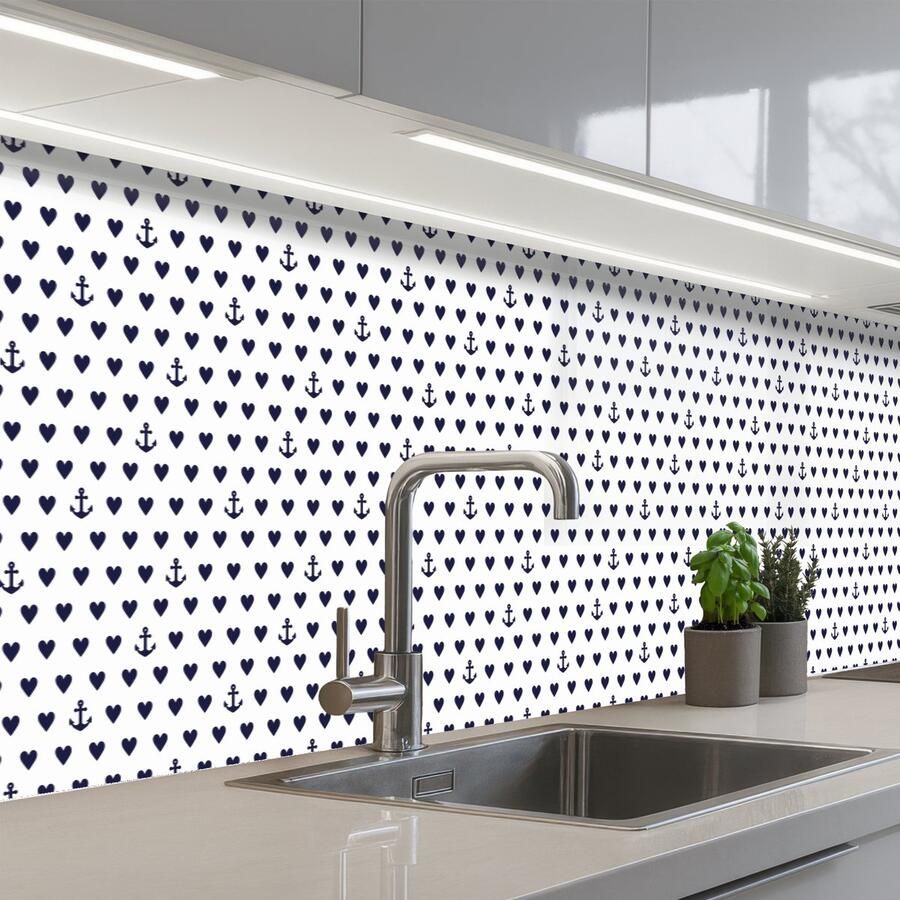 KitchenYeah Keuken achterwand 300x60 cm Spatscherm zelfklevend Anker Hart Blauw Wit Muurbeschermer Spatwand fornuis