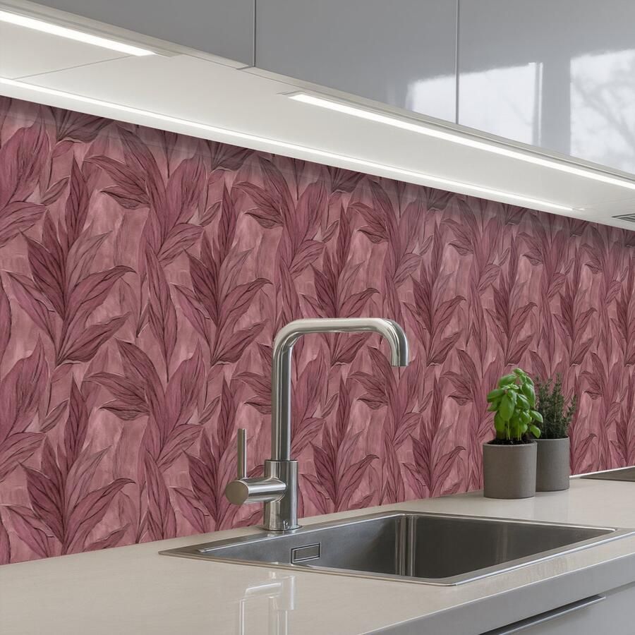 KitchenYeah Keuken achterwand 300x60 cm Spatscherm zelfklevend Bladeren Patroon Paars Muurbeschermer Spatwand fornuis - Foto 2