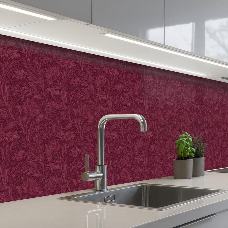 KitchenYeah Keuken achterwand 300x60 cm Spatscherm zelfklevend Bladeren Patroon Paars Muurbeschermer Spatwand fornuis
