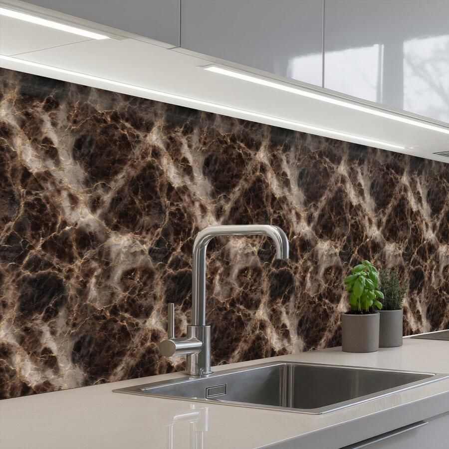 KitchenYeah Keuken achterwand 300x60 cm Spatscherm zelfklevend Bruin Goud Marmer print Muurbeschermer Spatwand fornuis
