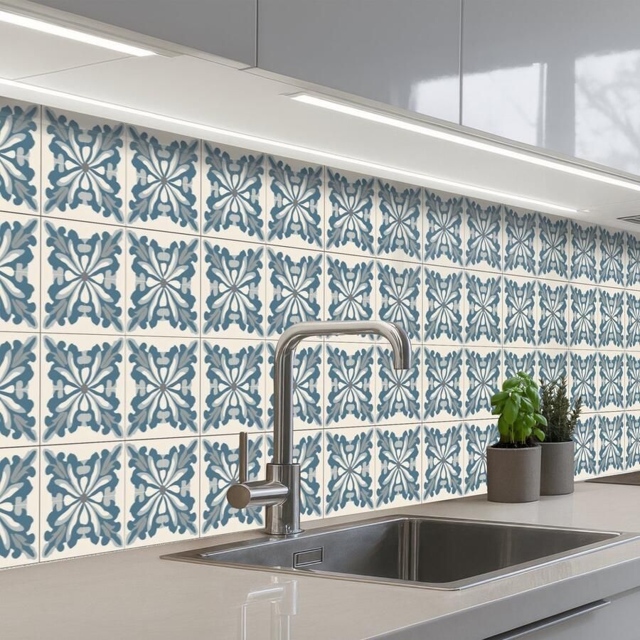 KitchenYeah Keuken achterwand 300x60 cm Spatscherm zelfklevend Dessin Tegel Blauw Muurbeschermer Spatwand fornuis