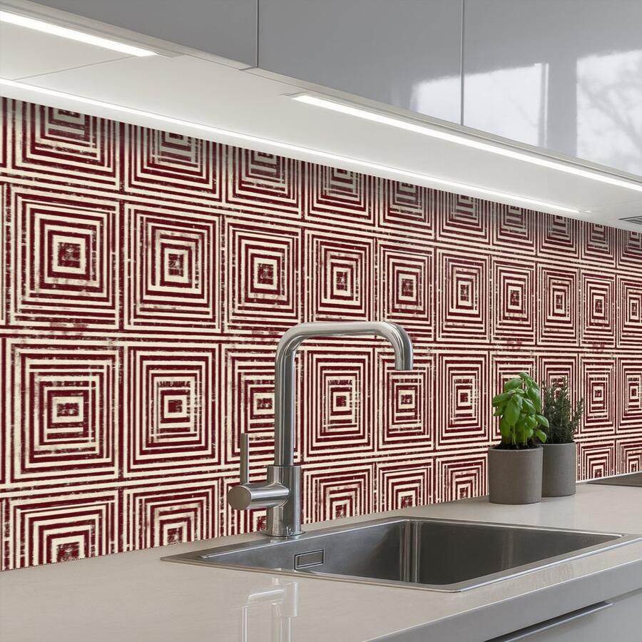 KitchenYeah Keuken achterwand 300x60 cm Spatscherm zelfklevend Geometrisch Patroon Rood Muurbeschermer Spatwand fornuis
