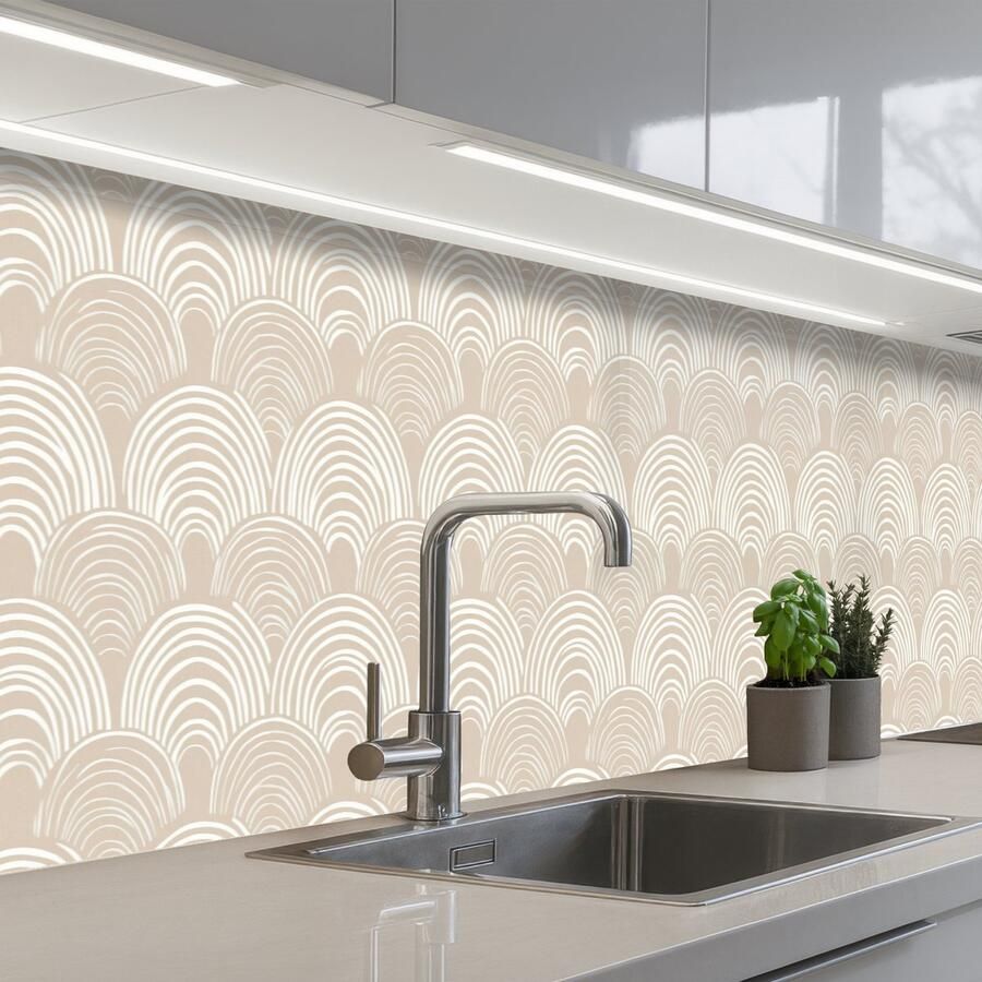 KitchenYeah Keuken achterwand 300x60 cm Spatscherm zelfklevend Golven Structuur Beige Muurbeschermer Spatwand fornuis