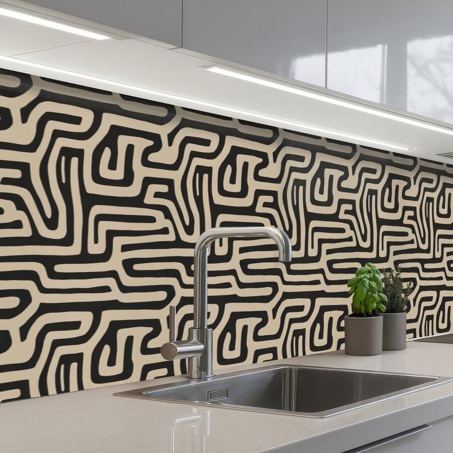 KitchenYeah Keuken achterwand 300x60 cm Spatscherm zelfklevend Grafisch Lijnen Zwart Muurbeschermer Spatwand fornuis