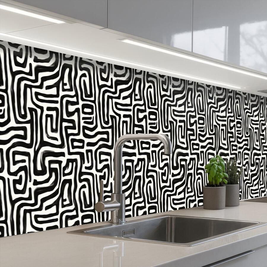 KitchenYeah Keuken achterwand 300x60 cm Spatscherm zelfklevend Grafisch Lijnen Zwart Wit Muurbeschermer Spatwand fornuis