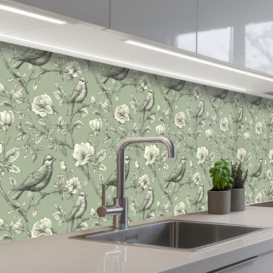 KitchenYeah Keuken achterwand 300x60 cm Spatscherm zelfklevend Klassiek Botanisch Groen Muurbeschermer Spatwand fornuis