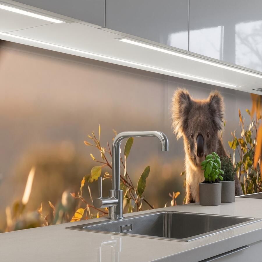 KitchenYeah Keuken achterwand 300x60 cm Spatscherm zelfklevend Koala Bladeren Ochtendlicht Muurbeschermer Spatwand fornuis