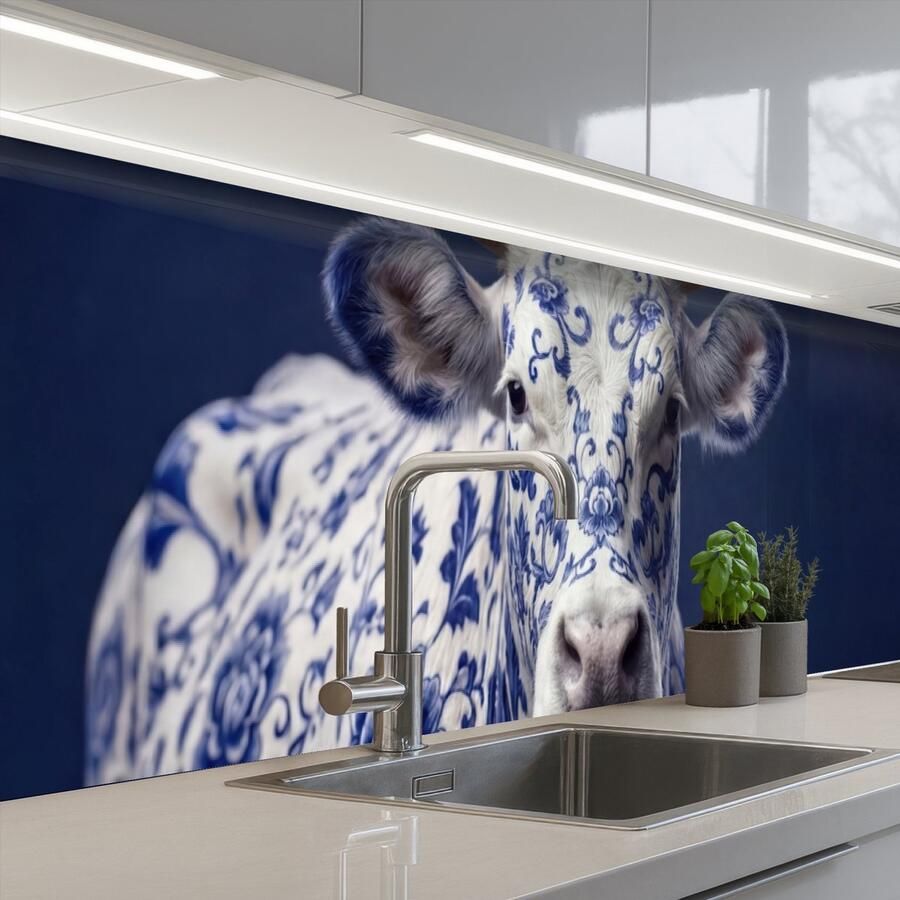 KitchenYeah Keuken achterwand 300x60 cm Spatscherm zelfklevend Koe Delfts Blauw Artistiek Muurbeschermer Spatwand fornuis