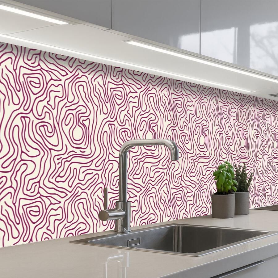 KitchenYeah Keuken achterwand 300x60 cm Spatscherm zelfklevend Kronkelende lijn Magenta Crème Muurbeschermer Spatwand fornuis