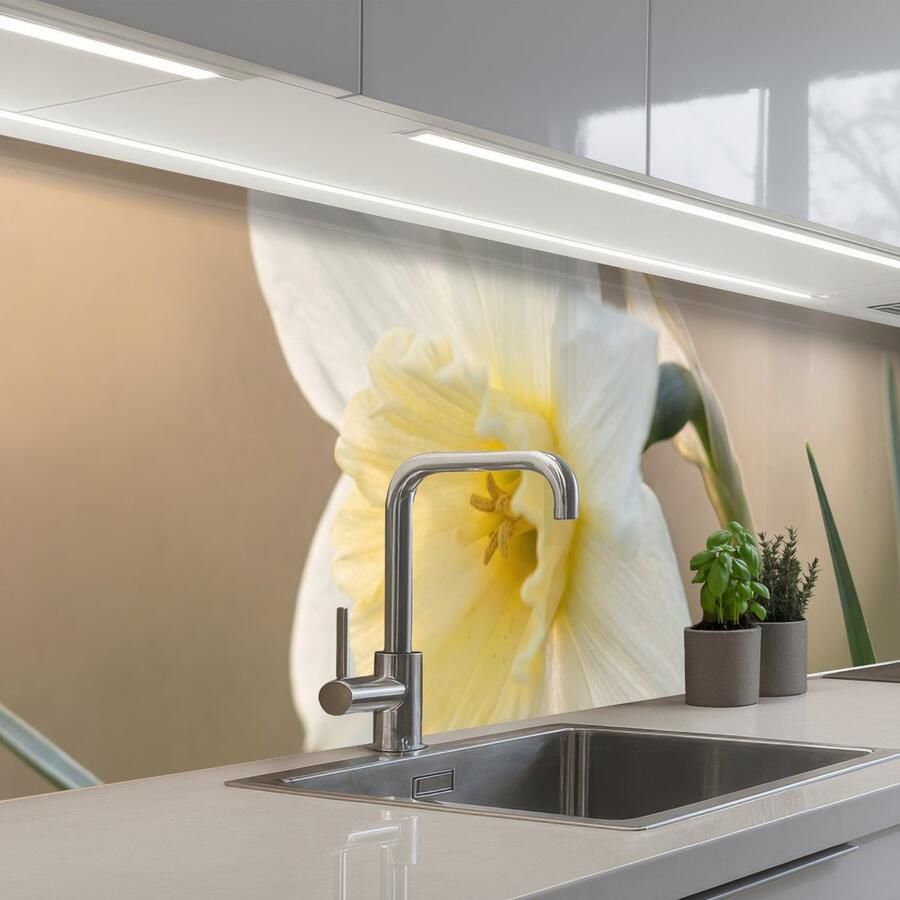 KitchenYeah Keuken achterwand 300x60 cm Spatscherm zelfklevend Narcis Bloem Minimalistisch Muurbeschermer Spatwand fornuis