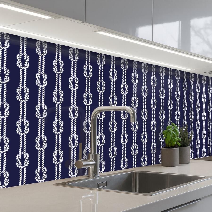 KitchenYeah Keuken achterwand 300x60 cm Spatscherm zelfklevend Oceaan Touw Blauw Wit Muurbeschermer Spatwand fornuis