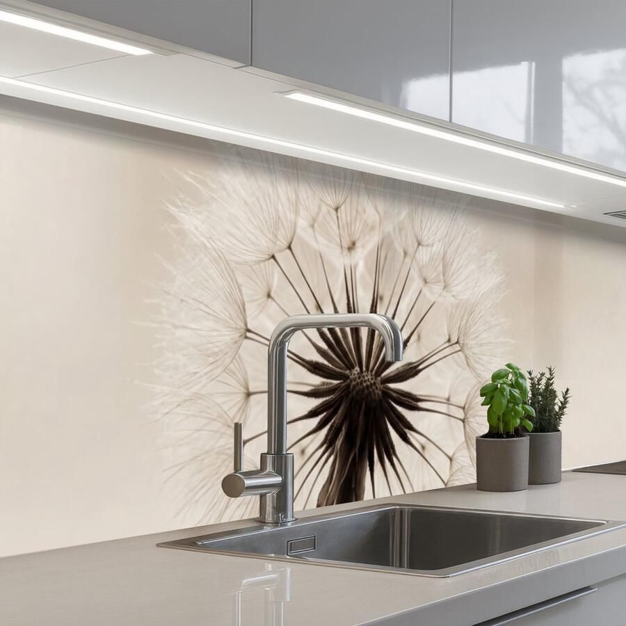 KitchenYeah Keuken achterwand 300x60 cm Spatscherm zelfklevend Paardenbloem Minimalistisch Wit Muurbeschermer Spatwand fornuis