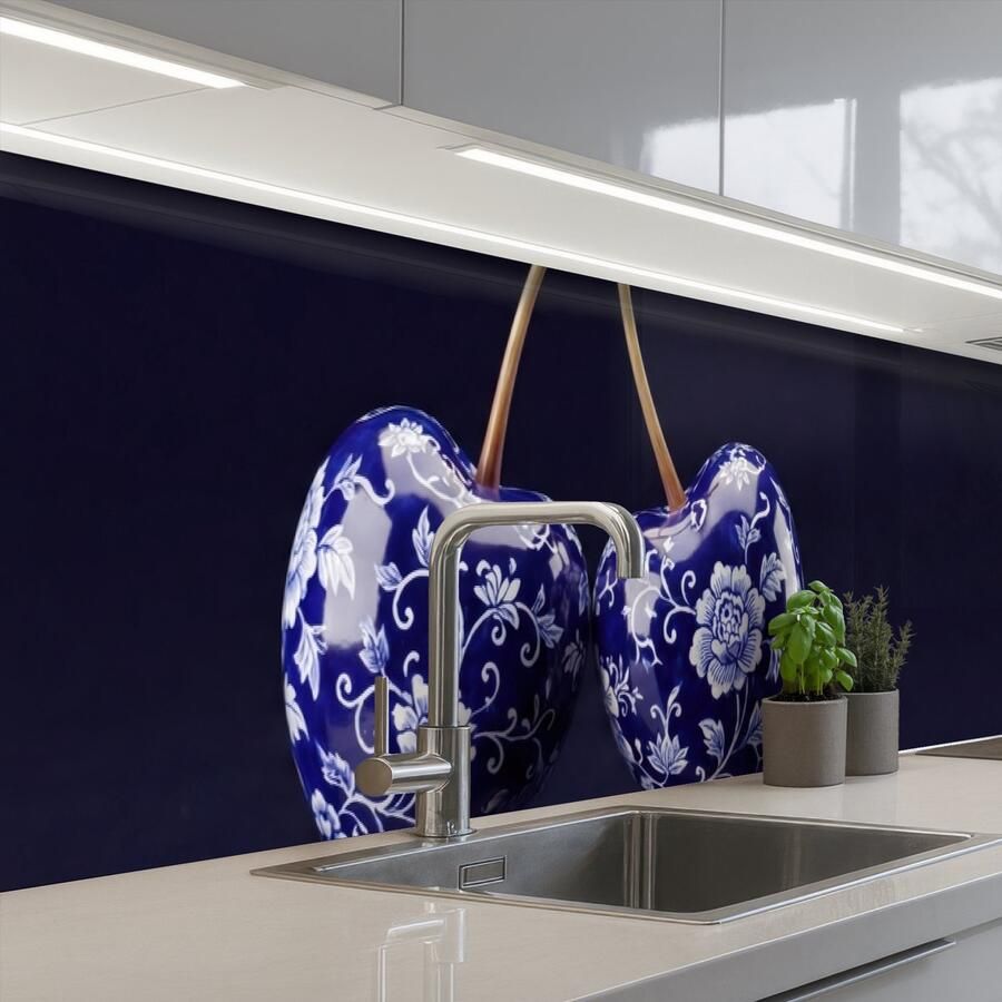 KitchenYeah Keuken achterwand 300x60 cm Spatscherm zelfklevend Porselein- Kersen Delfts Blauw Muurbeschermer Spatwand fornuis