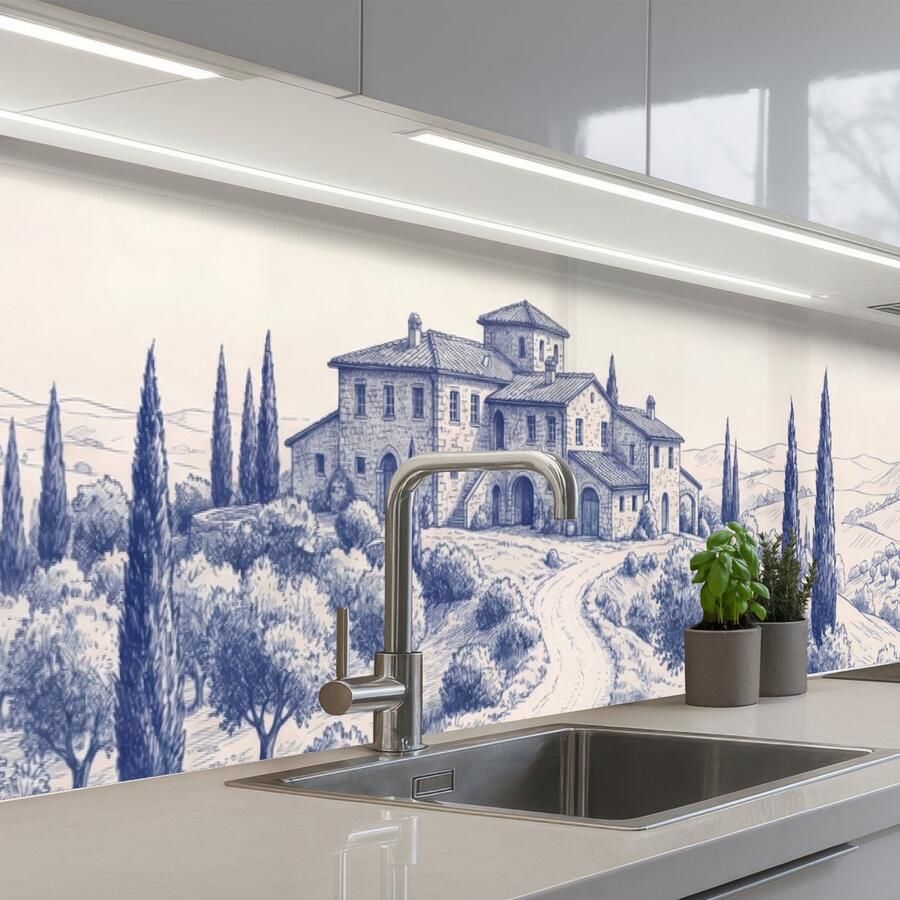 KitchenYeah Keuken achterwand 300x60 cm Spatscherm zelfklevend Rustiek Landgoed Blauw Muurbeschermer Spatwand fornuis