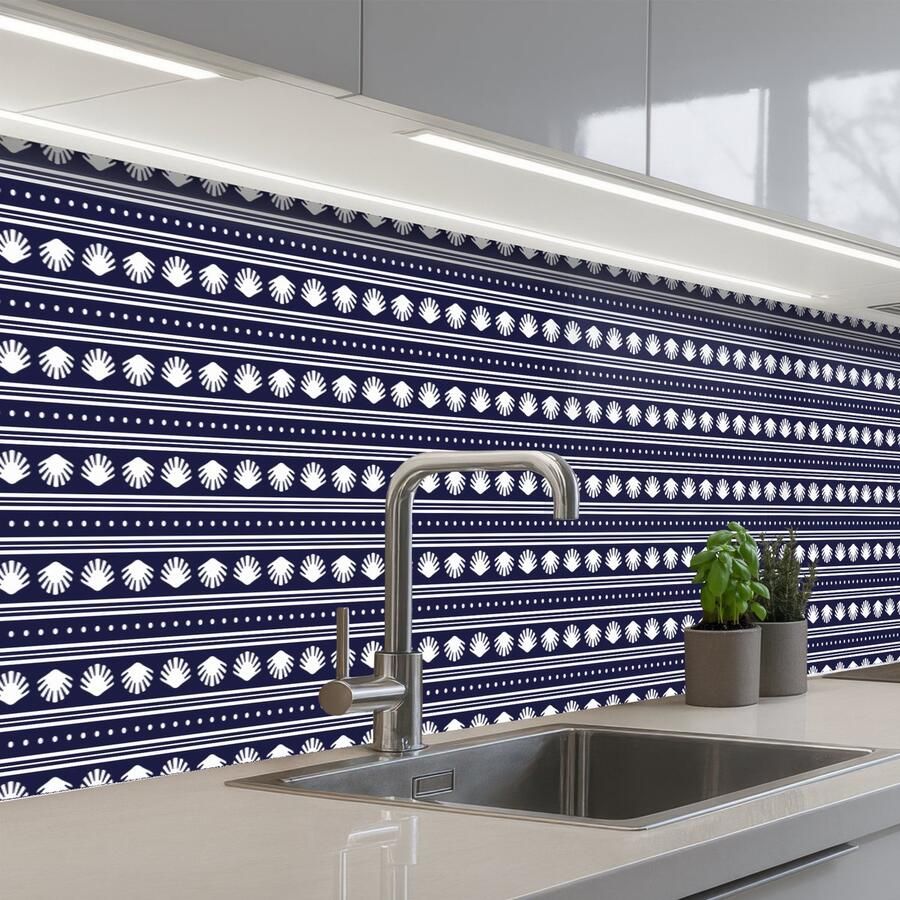 KitchenYeah Keuken achterwand 300x60 cm Spatscherm zelfklevend Schelp Nautisch Blauw Wit Muurbeschermer Spatwand fornuis