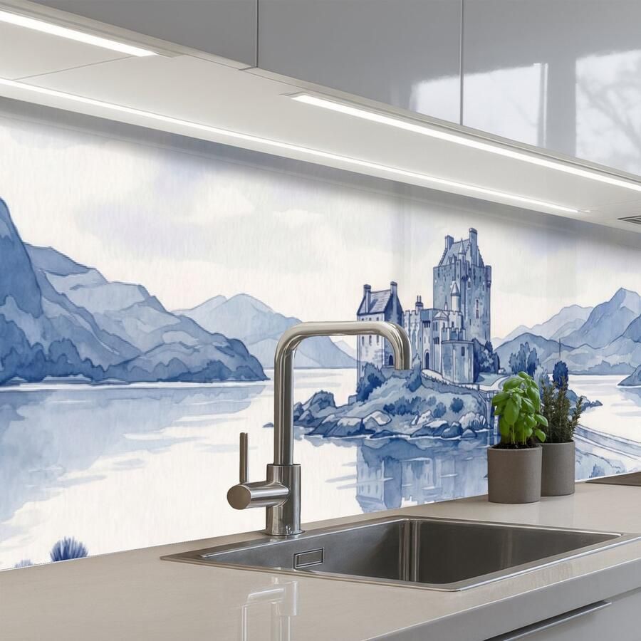 KitchenYeah Keuken achterwand 300x60 cm Spatscherm zelfklevend Schots Kasteel Blauw Aquarel Muurbeschermer Spatwand fornuis