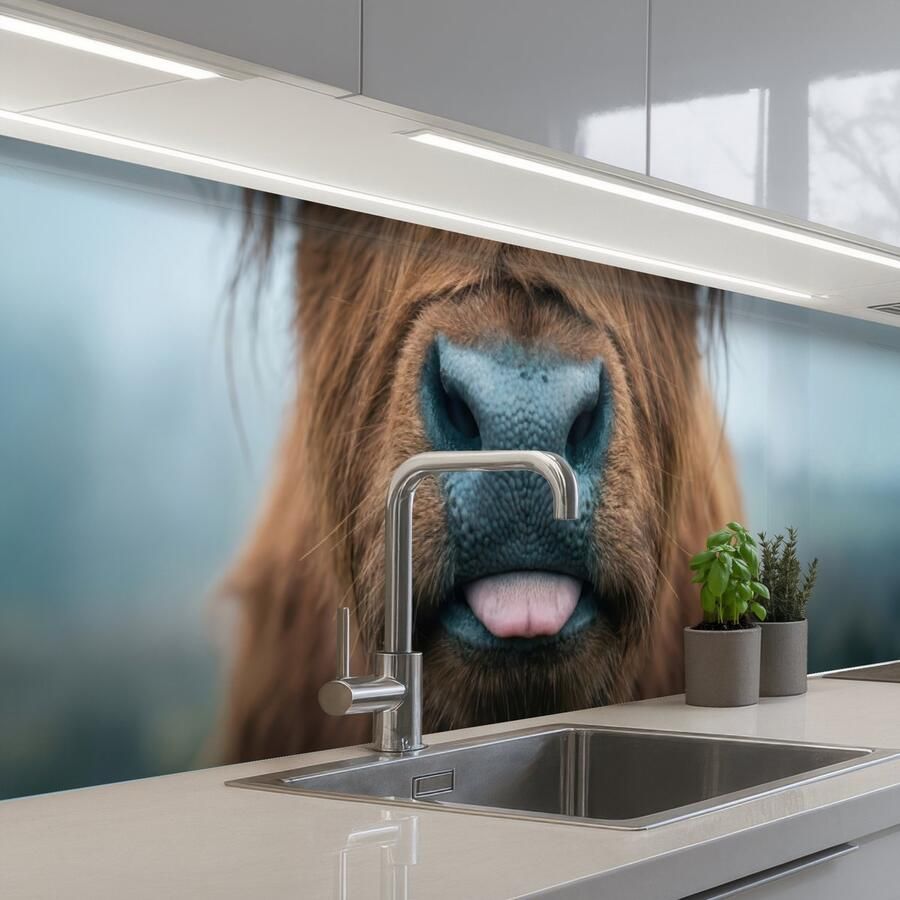 KitchenYeah Keuken achterwand 300x60 cm Spatscherm zelfklevend Schotse hooglander Neus Bruin Muurbeschermer Spatwand fornuis