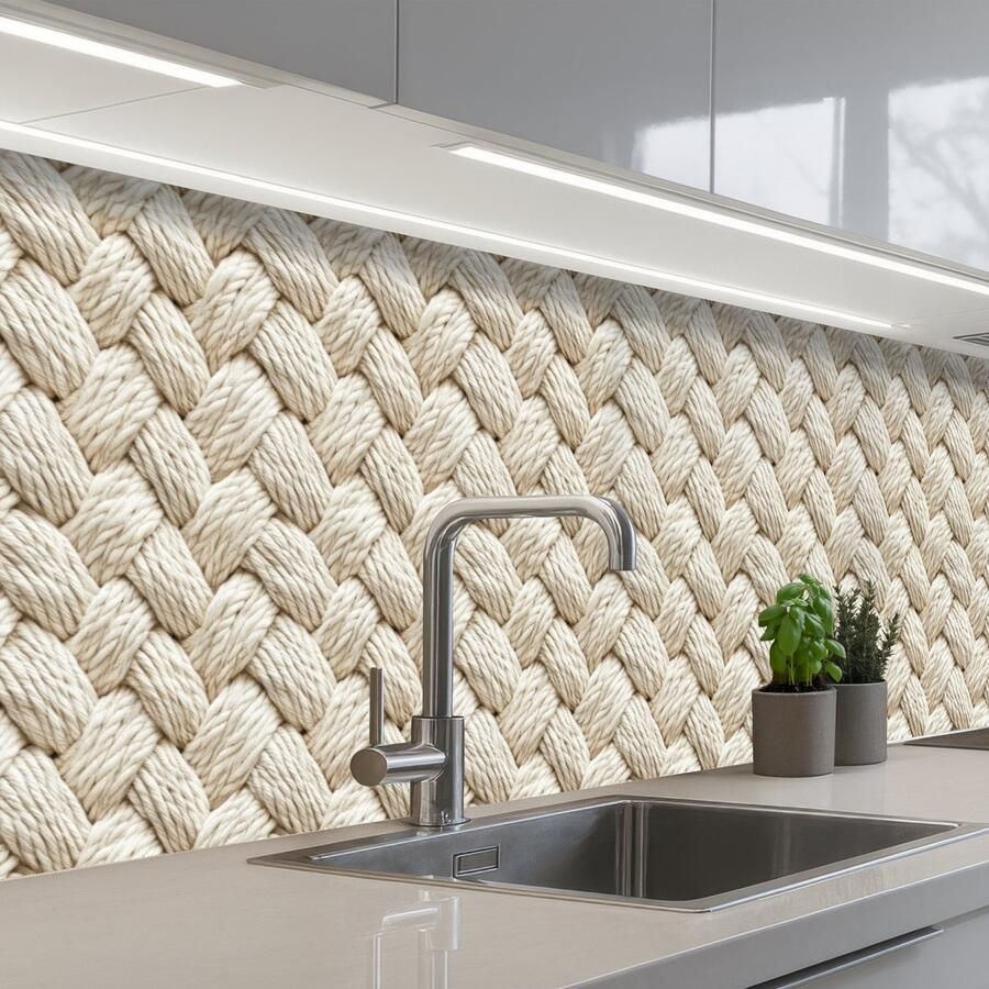 KitchenYeah Keuken achterwand 300x60 cm Spatscherm zelfklevend Touw Gebreid Beige Muurbeschermer Spatwand fornuis