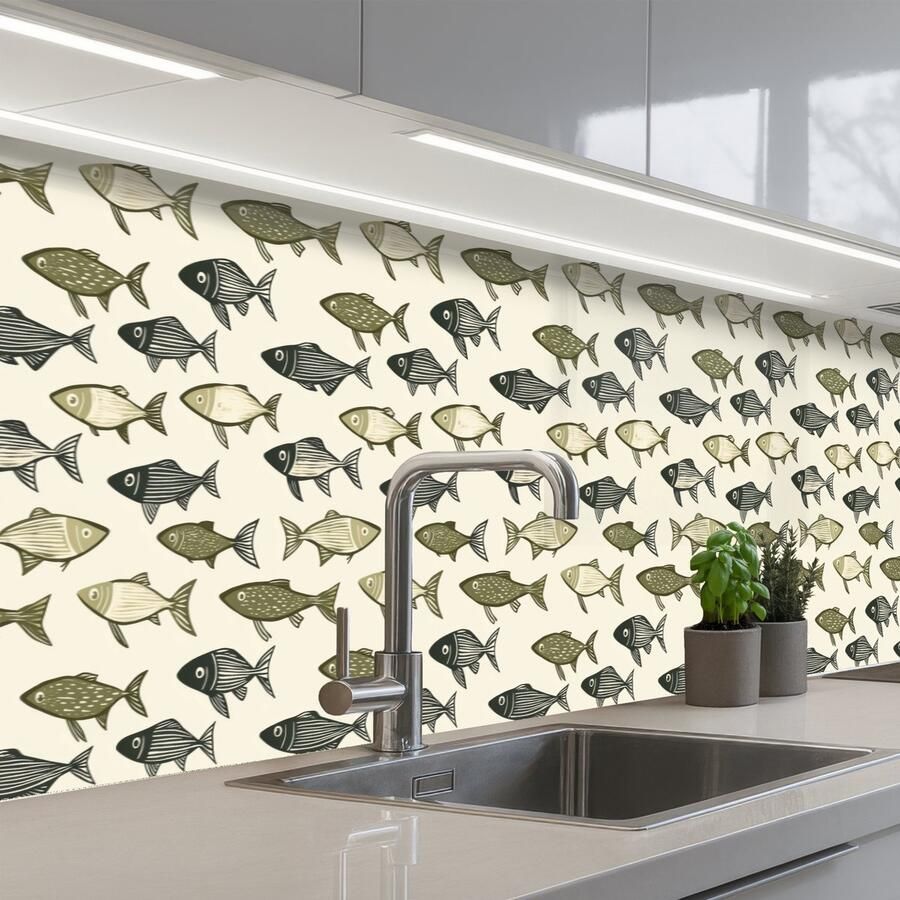 KitchenYeah Keuken achterwand 300x60 cm Spatscherm zelfklevend Vissen Klassiek Groen Muurbeschermer Spatwand fornuis