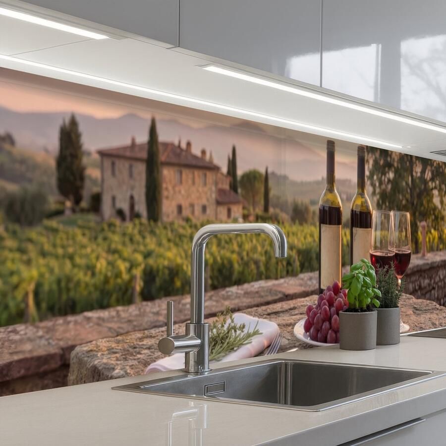KitchenYeah Keuken achterwand 300x60 cm Spatscherm zelfklevend Wijn Glazen Druiven Wijngaard Muurbeschermer Spatwand fornuis