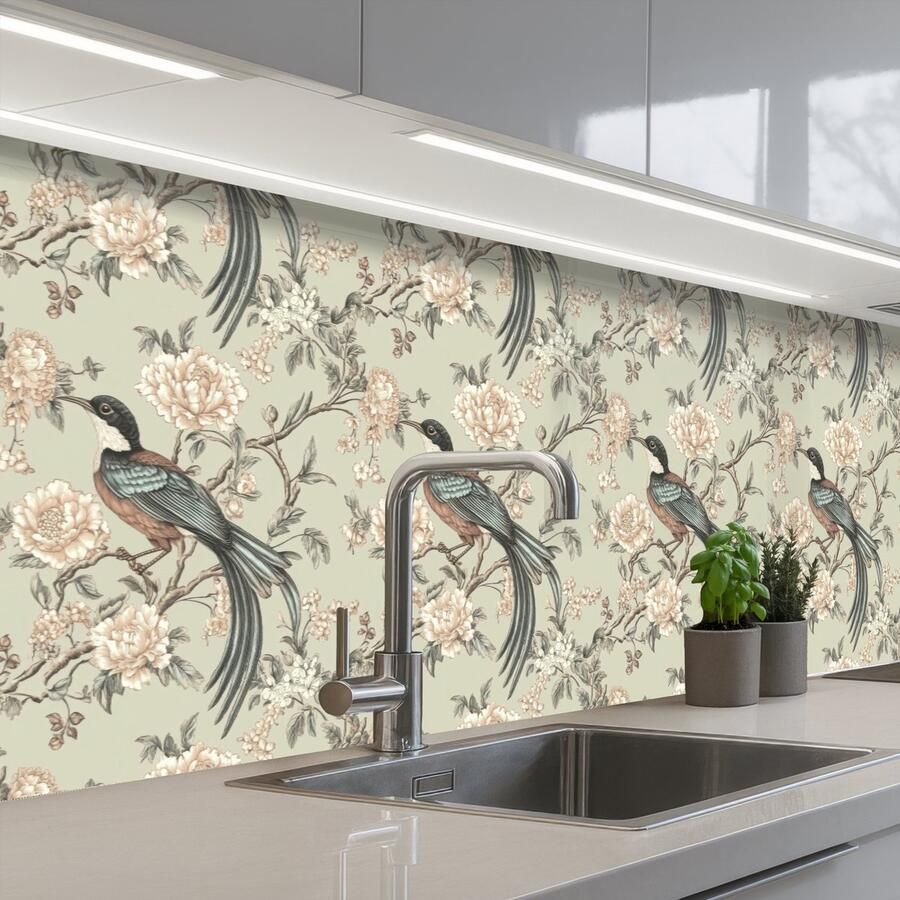 KitchenYeah Keuken achterwand 300x80 cm Spatscherm zelfklevend Bloem Vogel Kleurrijk Muurbeschermer Spatwand fornuis