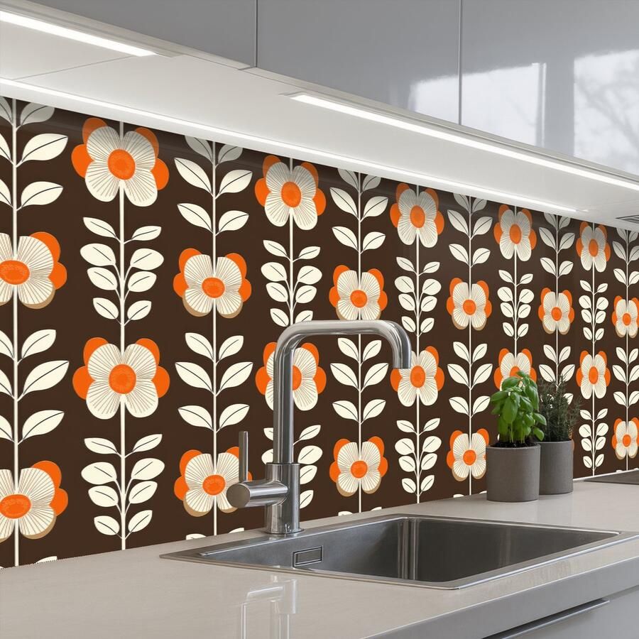 KitchenYeah Keuken achterwand 300x80 cm Spatscherm zelfklevend Bloemen Retro Bruin Muurbeschermer Spatwand fornuis