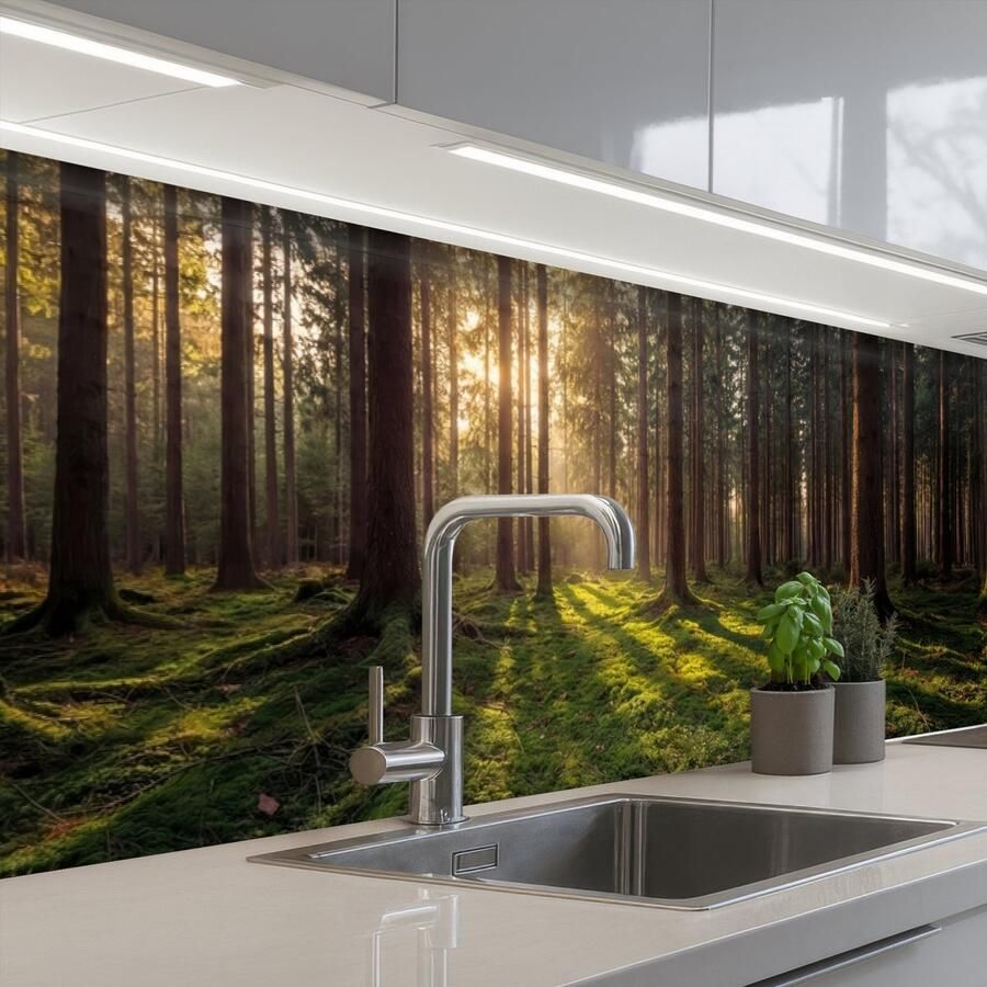 KitchenYeah Keuken achterwand 300x80 cm Spatscherm zelfklevend Bos Gras Zonlicht Muurbeschermer Spatwand fornuis