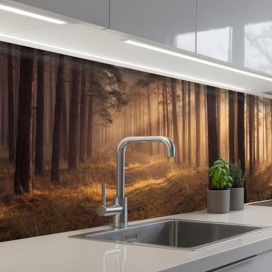 KitchenYeah Keuken achterwand 300x80 cm Spatscherm zelfklevend Bos Mist Zonlicht Muurbeschermer Spatwand fornuis