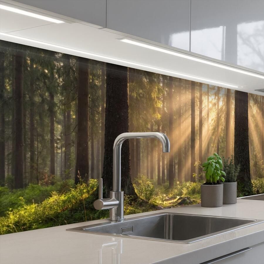 KitchenYeah Keuken achterwand 300x80 cm Spatscherm zelfklevend Bos Zonlicht Gras Muurbeschermer Spatwand fornuis